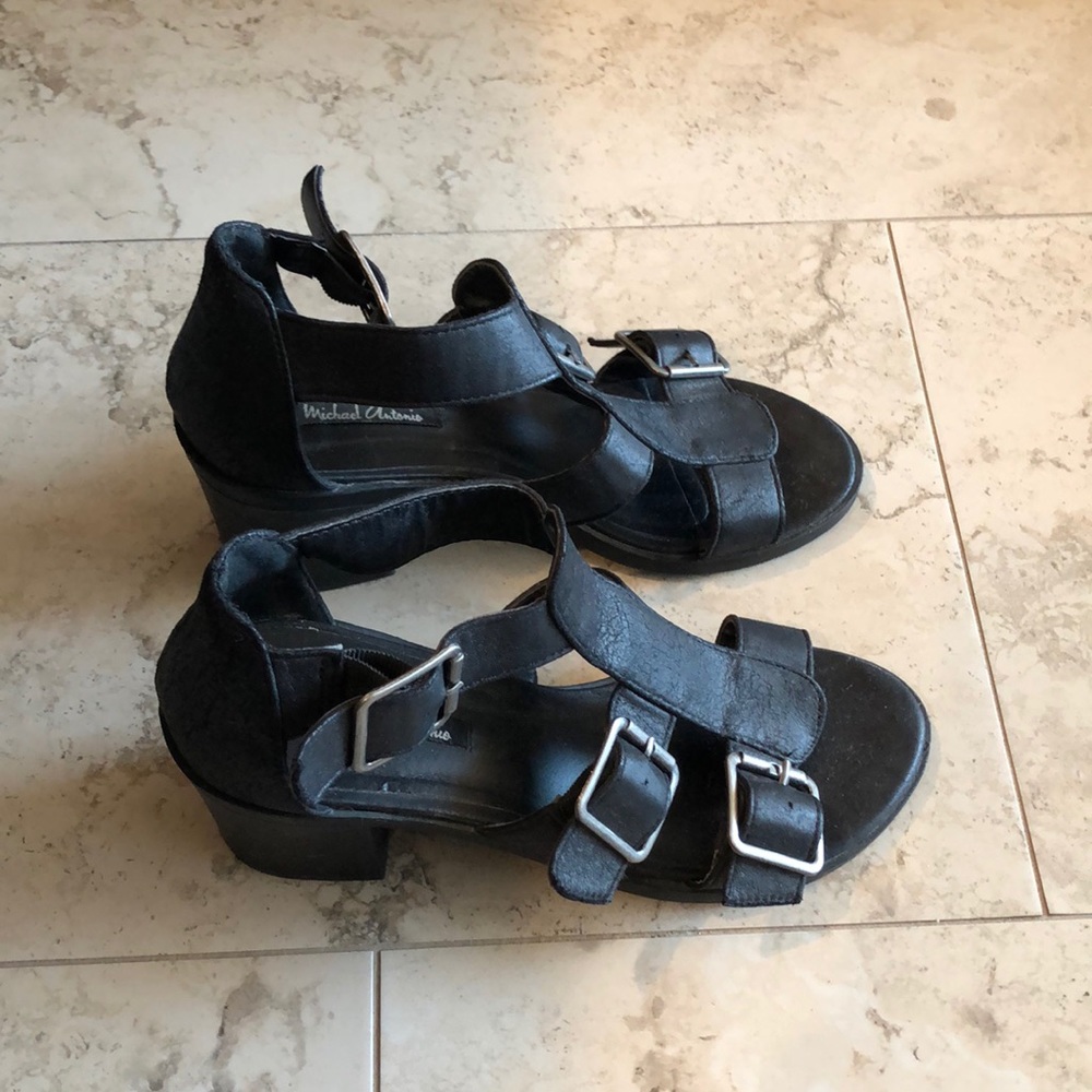Faux Leather Black High Heel Sandals. Size 6.5